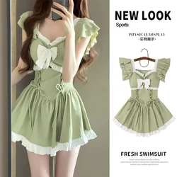 Ins Style Sweet Cute Green Swimsuit women summer Conservative Swimwear One Piece Suits Vacation Beachwear Princess Skirts