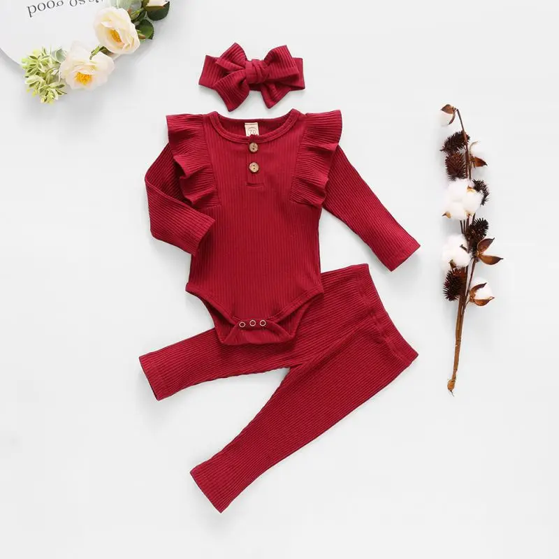 Solid Color Spring Autumn Baby Children Ruffled Fly-sleeved One-piece Romper Trousers And Headband Three-piece Suit