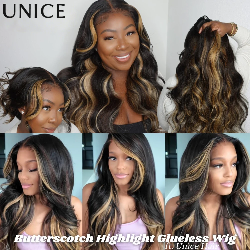 UNICE Блондинка Мелирование Коричневый Свободный Волнистый Парик С Челкой 7x5 Предварительно Срезанный Предварительно Отбеленный Бесклеевой Парик Человеческие Волосы ReadyToGo