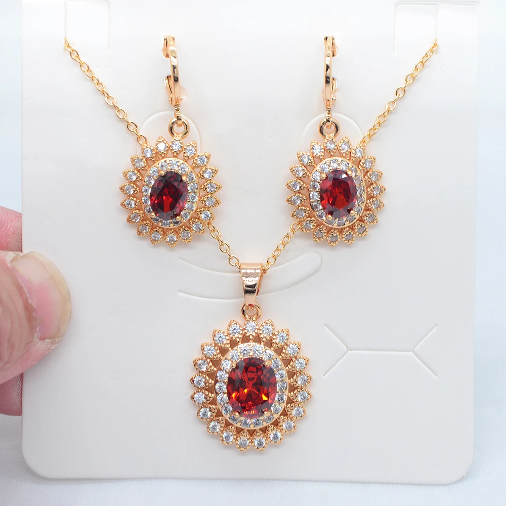 Fashion Gold Color Women Luxury Halo Oval Red Zirconia CZ Earrings & Pendant Wedding Jewelry Set