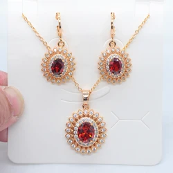 Fashion Gold Color Women Luxury Halo Oval Red Zirconia CZ Earrings & Pendant Wedding Jewelry Set