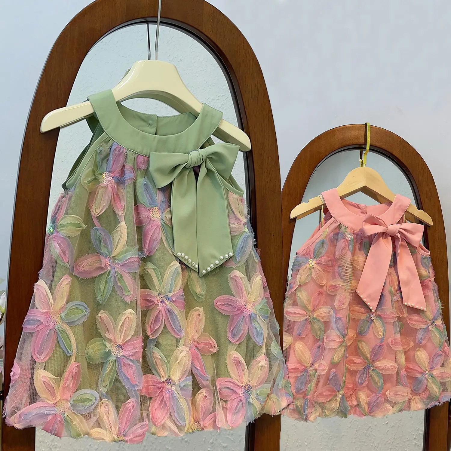 Toddler Baby Girls 3D Floral Tulle Mesh Dress Sleeveless Princess Party Gown Big Bow Pearl Birthday Wedding Fairycore Outfit