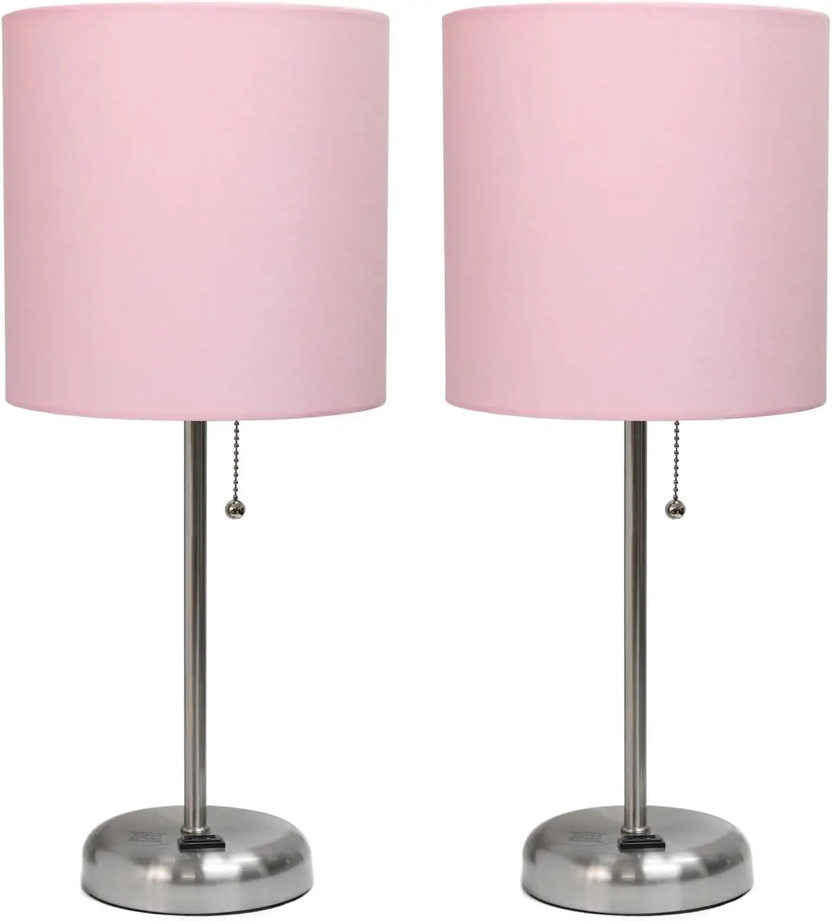 Brushed Steel Stick Table Desk Lamp with Charging Outlet and Drum Fabric Shade 2 Pack Set, Light Pink Shade