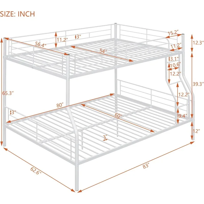 Full XL Over Queen Bunk Beds for Adults, Metal Bunk Bed for Boys Girls Bedroom,Can be Divided into Two Beds, Storage Space,White