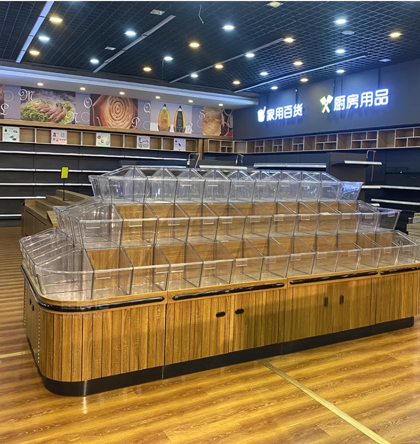 Shopping mall grain grain rice bucket surface steel wood dry fruit container snack shelf display rice grain bucket