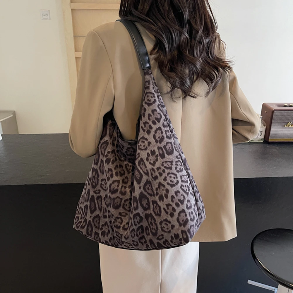 Women Suede Large Tote Bag Leopard Print Shoulder Bag Magnetic Closure Purse Work Travel Handbag Daily Shopping Leisure Bag