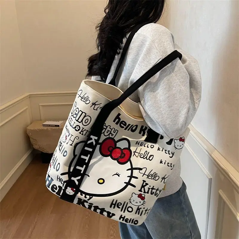 

Sanrio Hello Kitty Girl Canvas Bag Student High-Capacity Commute Zipper Kawaii Leisure New Style Birthday Present Tote Bag Hot