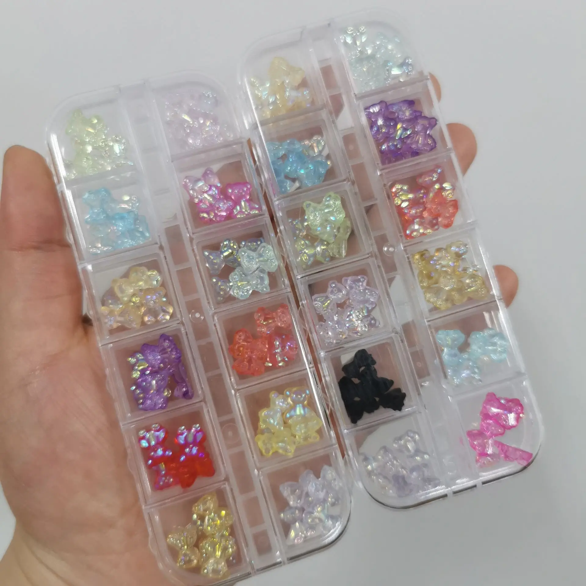 60Pcs-120Pcs Aurora Kawaii Bear 3D Nail Charms 7/9/11mm Mixed Resin AB Bear Nail Art Decor DIY Crystal Aurora Bear Manicure Part