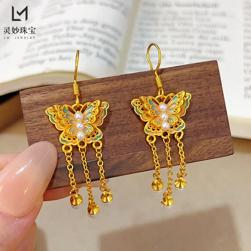 

Роскошные ювелирные изделия из настоящего золота 9999, 24 карата, двойные серьги с бабочкой и кисточкой, подарок для подруги