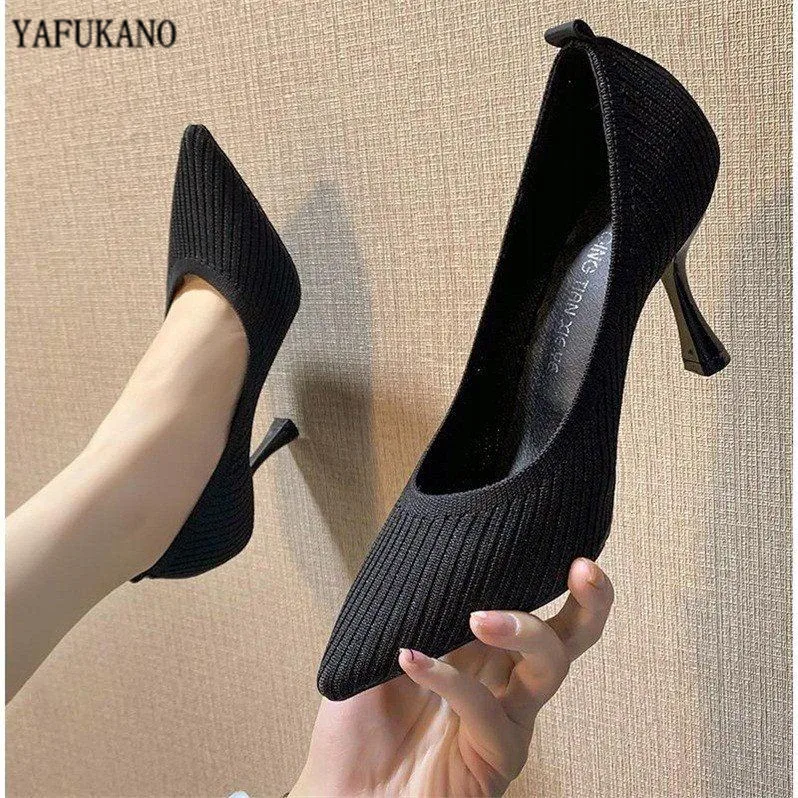 Fashion Knitted Breathable Women Pumps 2024 New Pointed Toe High Heels Lady Shoes Wild Comfortable Thin Heel Office Work Shoes