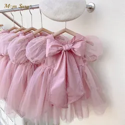 Baby Girl Princess Gauze Tutu Dress Puff Sleeve Infant Toddler Vintage Big Bow Vestido Party Pageant Wedding Baby Clothes 1-10Y