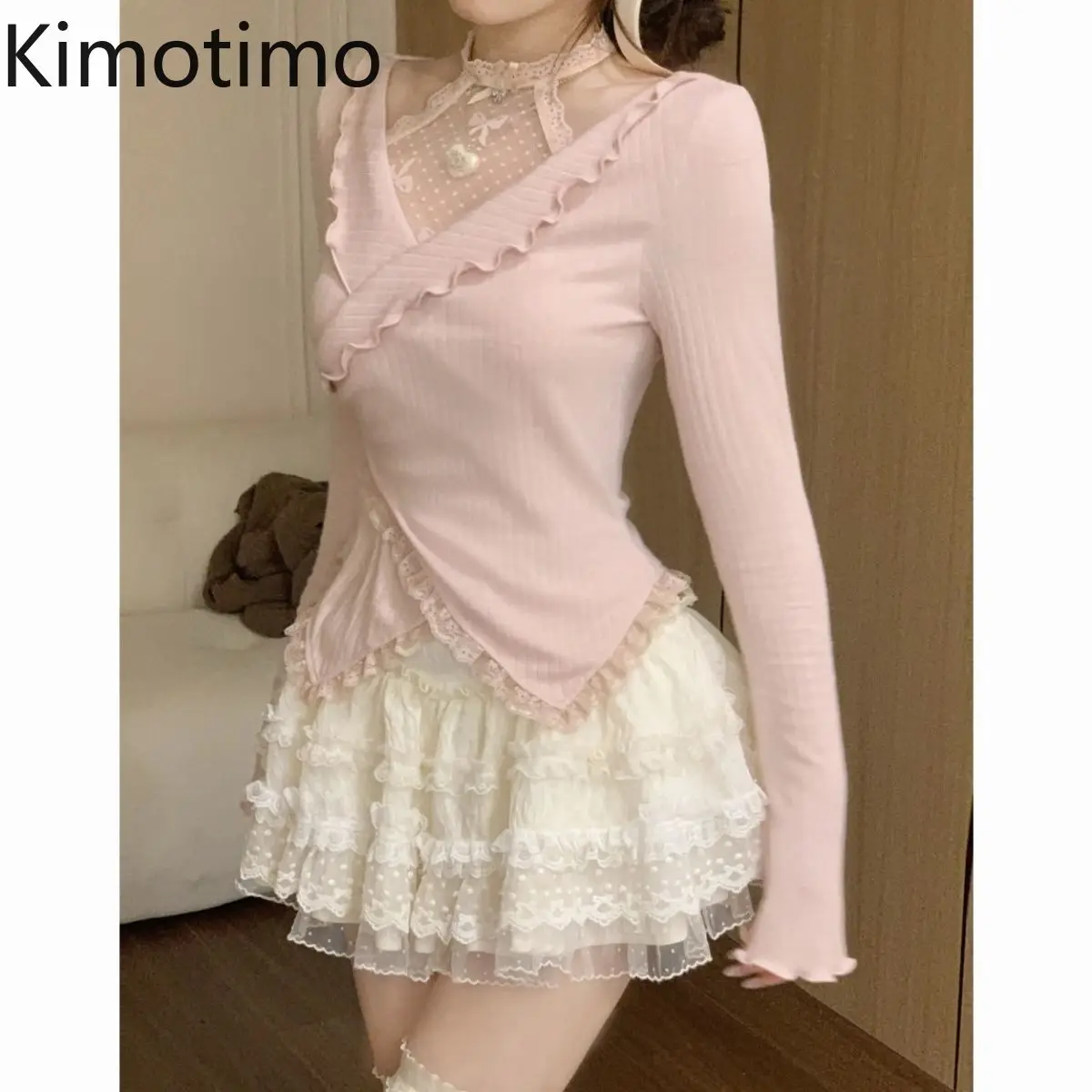 

Kimotimo Women 2 Piece Sets Spring Summer Lace Halter Long Sleeve Ruffle Tshirts Y2k Cake Mini Skirt Sweet Slim Fashion Suits