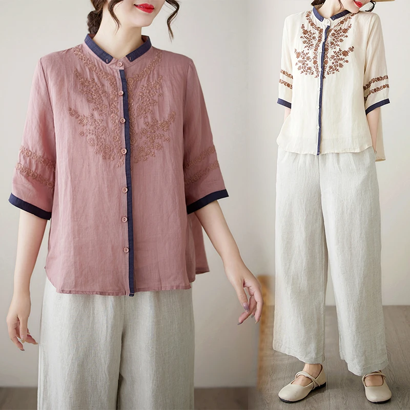 

Casual Embroidered Cotton Linen Set Women's Faionable Summer Wide Leg Pants Two Piece Suit Student School orm Work Outfit