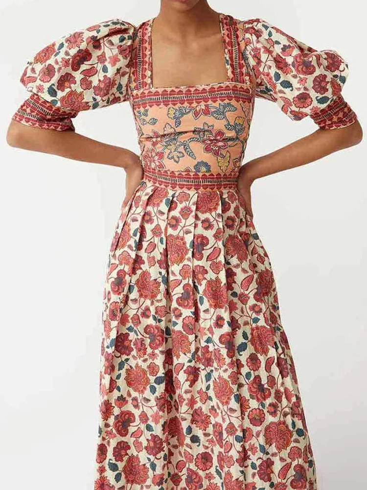 Retro Square COLLAR Lacing UP เสื้อ TOP Patchwork ชุดผู้หญิงฤดูร้อน Maxi กระโปรง 2 ชิ้นชุด, 2025 พัฟแขน Chic Lady ชุด