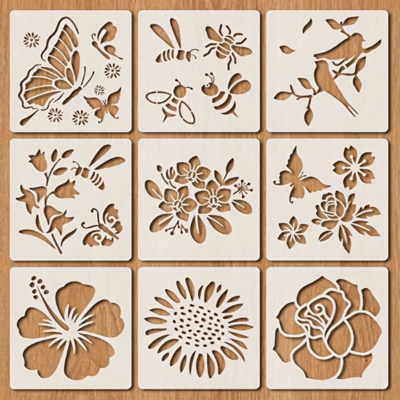 Bview Art Juego de plantillas de pintura de mariposas florales de 9 piezas, plantillas de arte DIY reutilizables para pintura en aerosol en paredes y manualidades