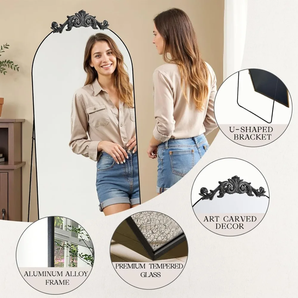 Espelho de comprimento total com arco grande estilo barroco vintage, 65x24 independente com tampo esculpido, acabamento antigo, estrutura totalmente de metal, Ful