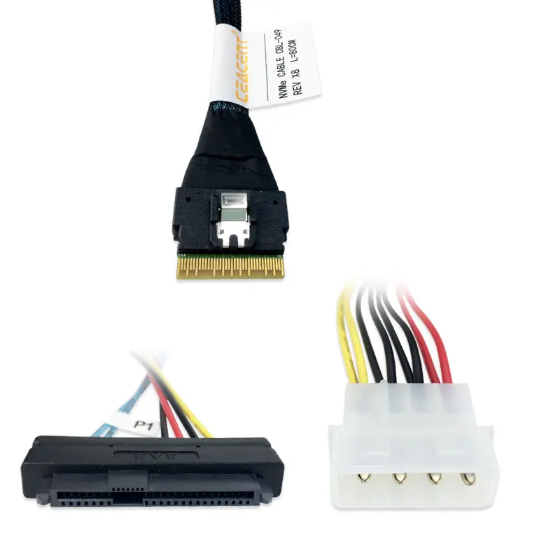 x8 Slim SAS SFF8654 to 8 Mini SFF8482 Cable NVMe PCIe 4.0 80CM Length w/ 20CM Power_Line Large 4Pin