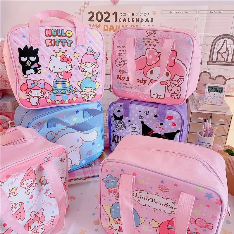 

New Cute Sanrio Hellokitty Lunch Bag Cartoon Girl Kuromi Cinnamoroll PU Large Capacity Pochacco My Melody Handheld Bento Bag