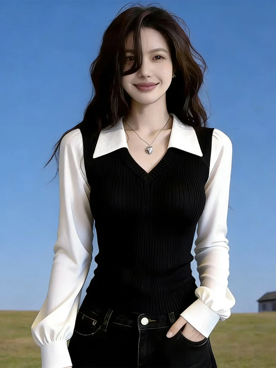 

Стильная универсальная женская черно-белая рубашка с V-образным вырезом, приталенный топ для офиса, модная новинка весны 2026, корейский тренд