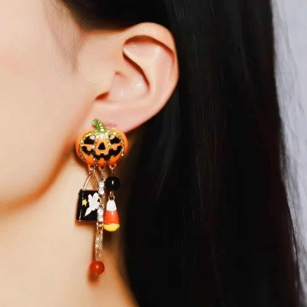 Halloween Enamel Tassel Dangle Earrings Zircon Jack-o-lantern Ghost Magic Book Candy Corn Charm Long Drop Earrings