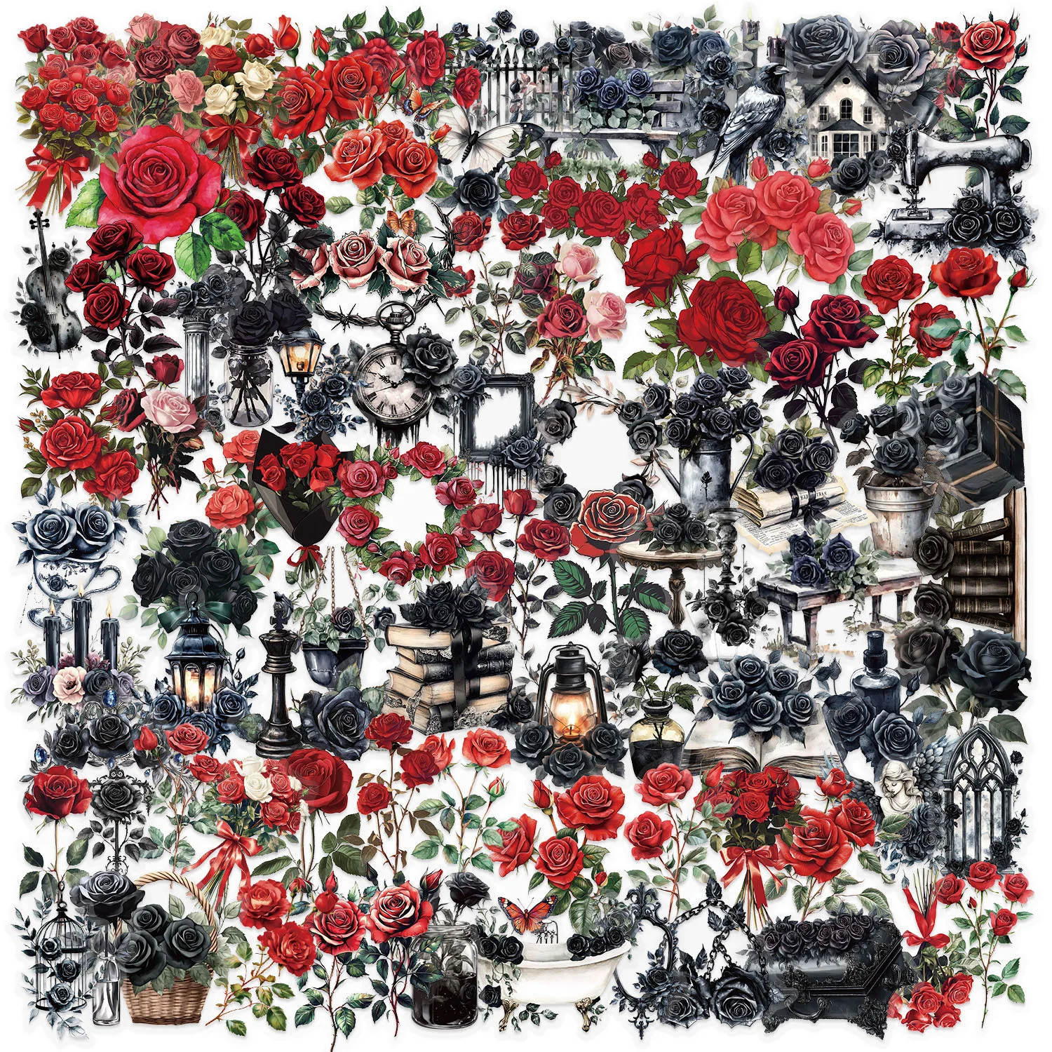 100/200 PCS Dark/Red Rose Stickers DIY Notebook Stationery Pen Holder Removable Decor Phone Guitar Transparent PET Stickers