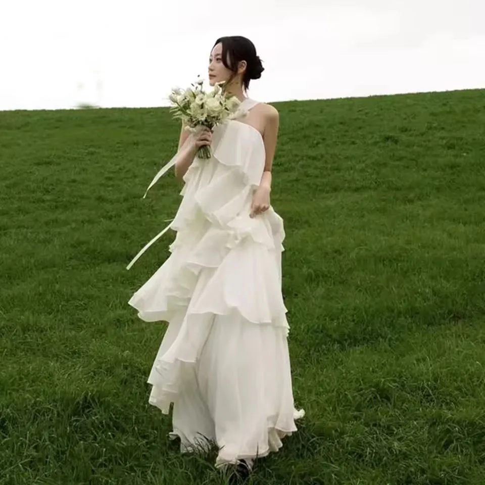 

ML Halter Tiered Chiffon Outdoor Wedding Dresses Korean Style Customized A Line Fairy Wedding Snap Dresses Party Gown