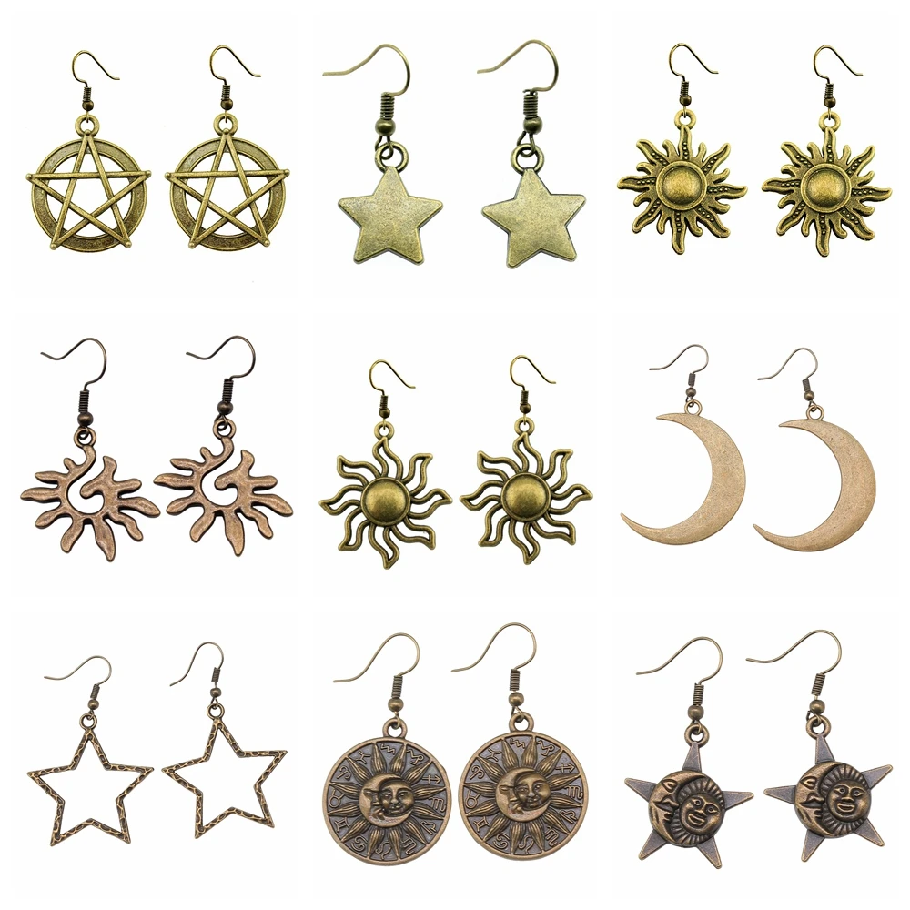 25 styles Vintage Antique Bronze Plated Moon Sun Star Dangle Drop Earrings For Women Inspired Statement Wiccan Jewelry Gift