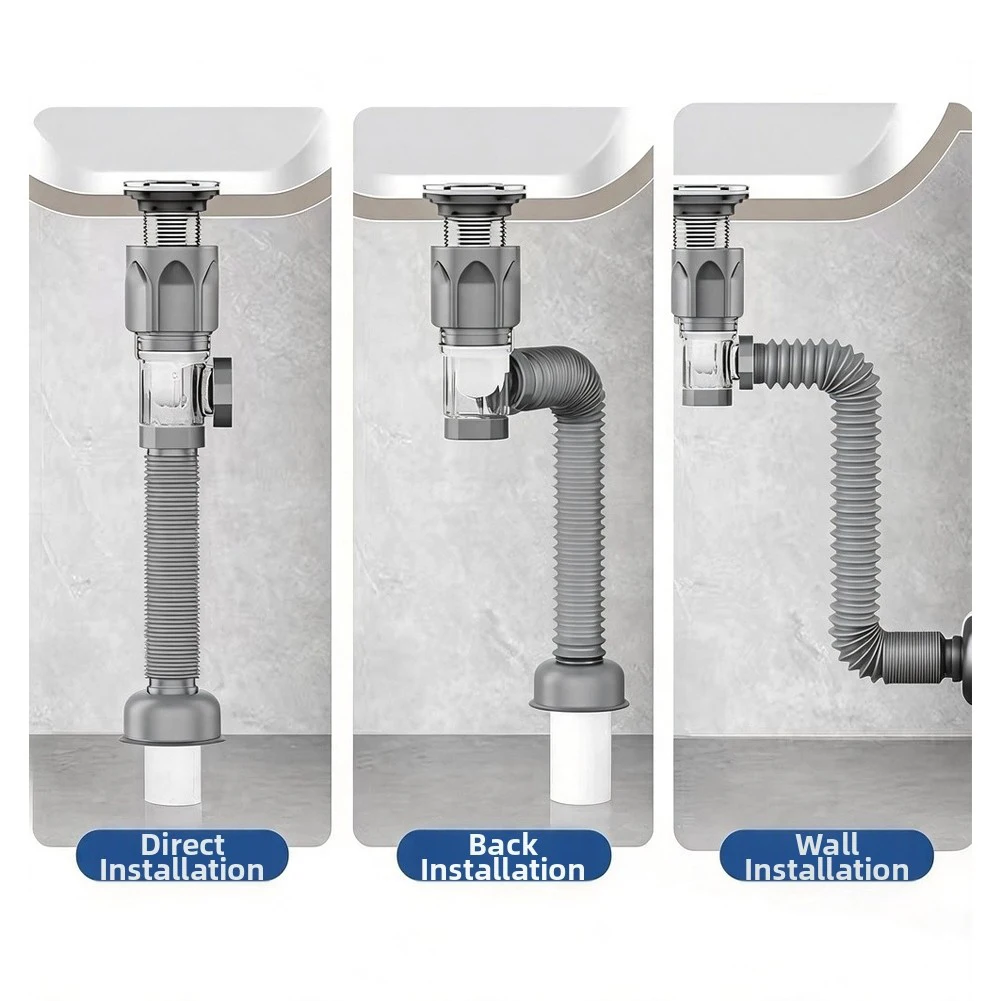 Space Saving Drain Adjustable Sink Drain For Under Sink Storage Grey Compact Structure Customizable Length Fit