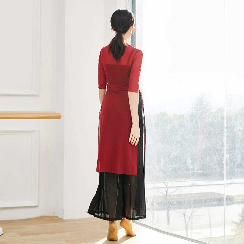 

Modern Dance Top Women Side Split Bilayer Front Gauze Sheer Middle Shirt Blouse See Through Body Rhyme Folk Hanfu Practice Tops