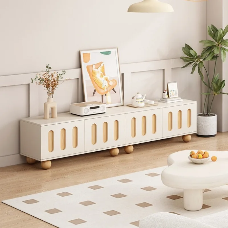 Mueble de TV blanco estilo crema, sala de estar, hogar, pequeño apartamento, soporte de TV de piso a techo, muebles para el hogar
