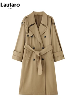 Lautaro Spring Autumn Oversized Khaki Long Grey Trench Coat for Women Double Breasted Loose Casual Korean Fashion Overcoat 2024 4 Lautaro Spring Autumn Oversized Khaki Long Grey Trench Coat for Women Double Breasted Loose Casual Korean Fashion Overcoat 2024 4