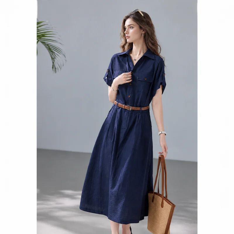 Women's Linen Shirt Midi Dress, Collar Roll Tab Short Sleeve Button Front Dress With Removable Leather Belt & Chest Pockets