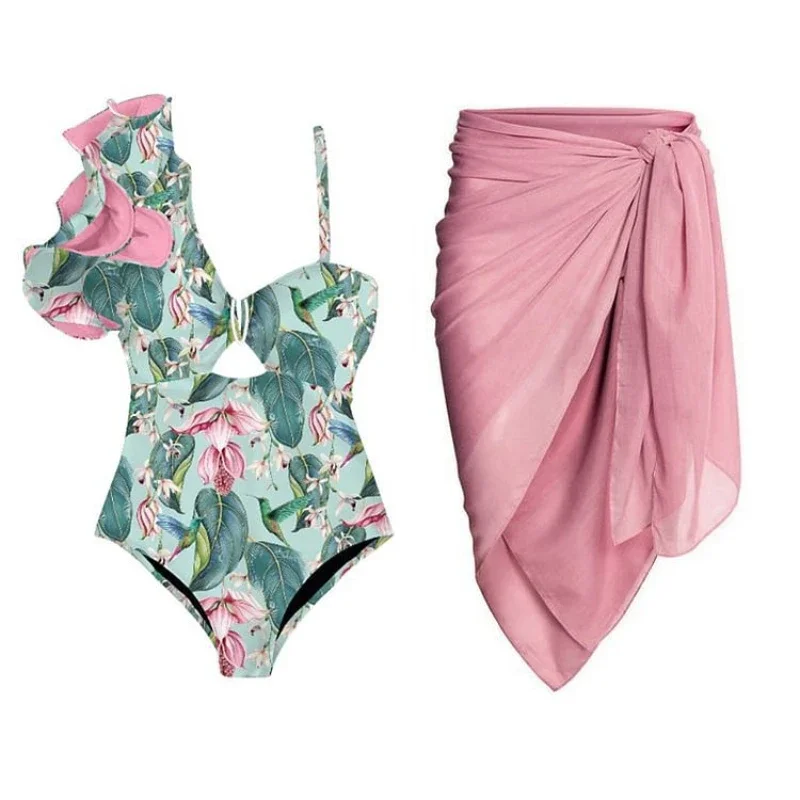 Maillot de bain à volants à bretelles vertes pour femmes, taille haute, bikini découpé une pièce, jupe en mousseline rose, élégant, adapté aux femmes