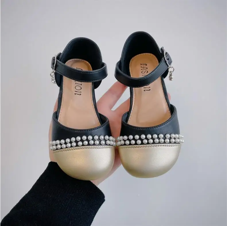 2024 Spring Summer New Little Girls Sweet Beaded Princess Shoes Korean Version Temperament Girls Half Sandals Beige Black Size