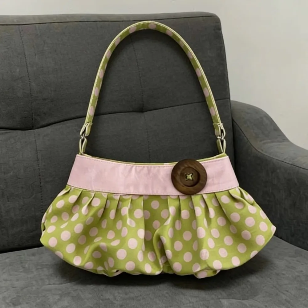 

Pleated Design Polka Dot Handbag Wooden Button Decor Vintage Style Korean Handbag Polka Dot Lightweight Messenger Bag Women