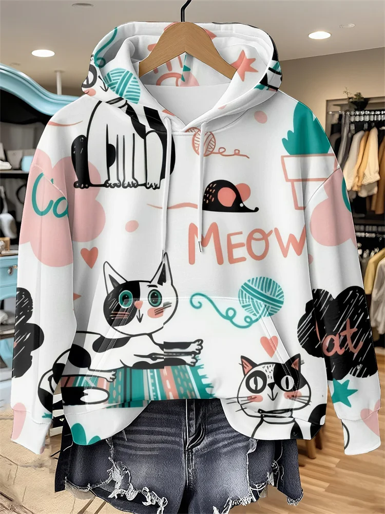 

New Cute Cat Printed Hoodies For Women 3D Animal Pattern Casual Long Sleeve Tops Loose Y2k Harajuku Street Sweatshirt Clothing