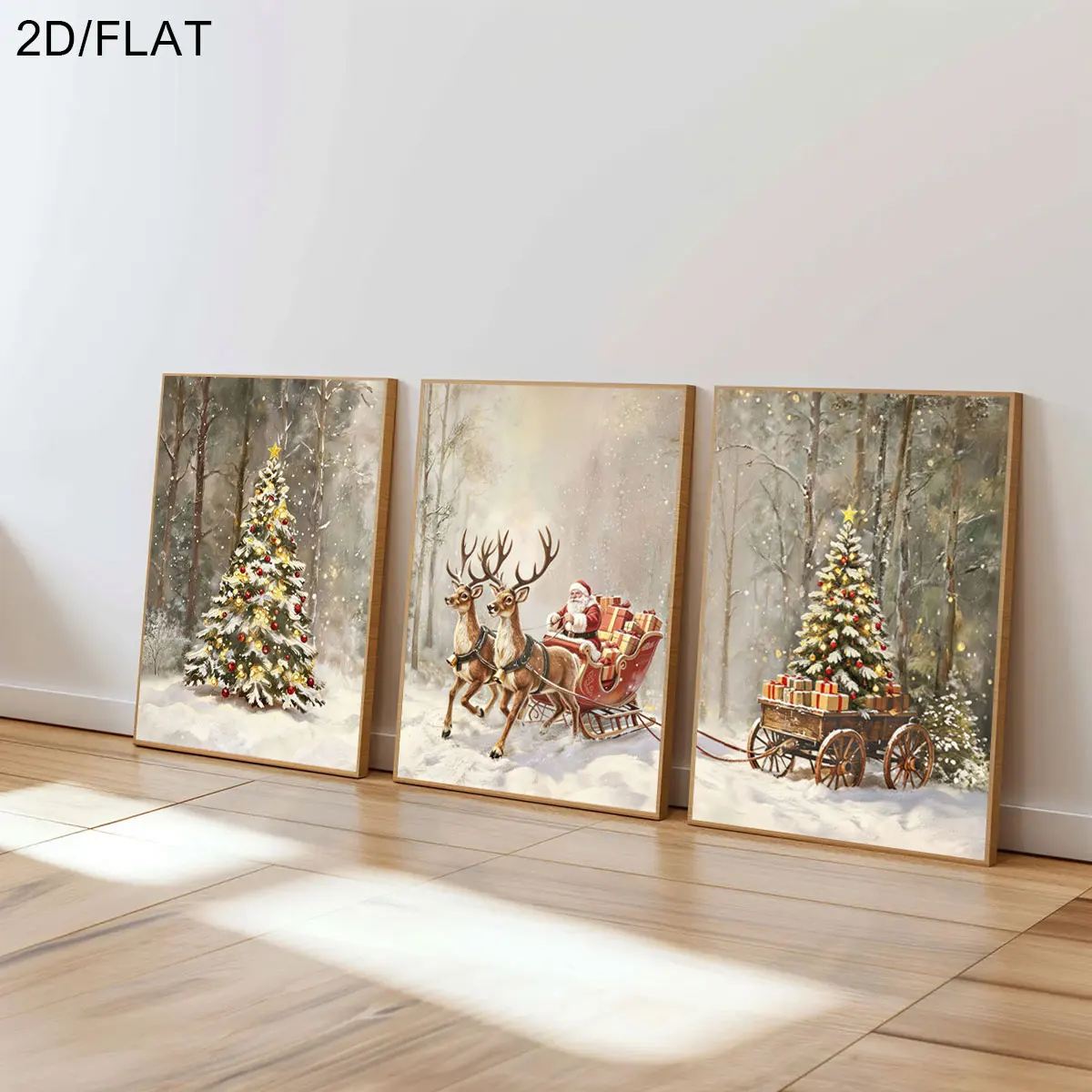 3PCS Frameless,3pcs/set Kind Santa Claus Reindeer Canvas Printing Christmas Tree Gifts Winter Wall Art Poster for Modern Christm