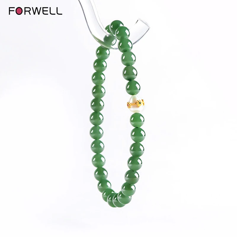 FORWELL Women's Luxury Jadeite Bracelet Ancient Style Beaded Elastic Charm with Hetian Jade Pearl Jasper for Holiday Gift