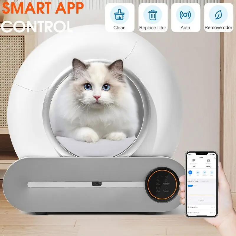 

Self Cleaning Cat Litter Box Automatic Scooping Odor Removal App Control Smart Robot for Large Cats with Safety Sensors