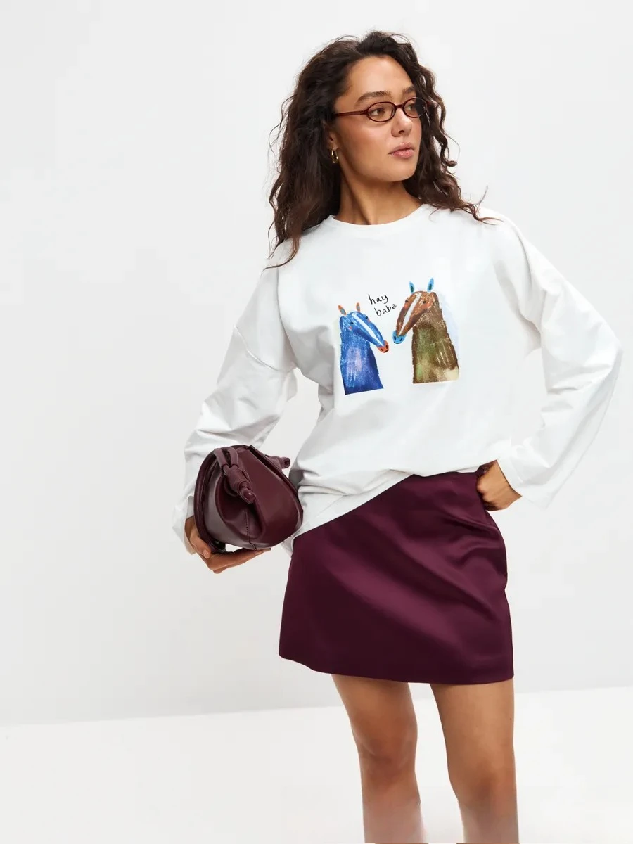 2026 Autumn New Women Long Sleeve Tshirt Cartoon Two Horse Graphic Print 100% Cotton Loose Streetwear Casual Top