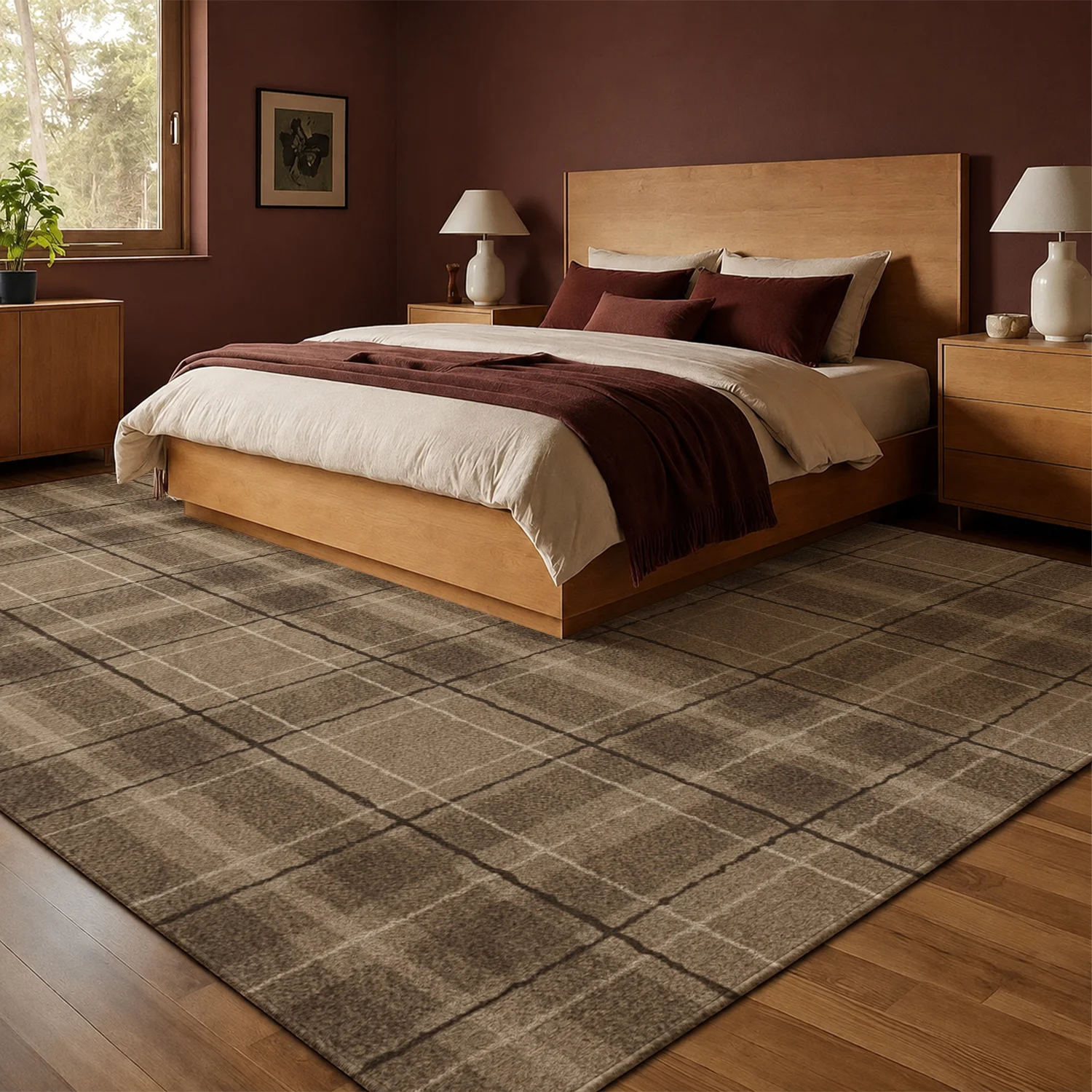 Large Indoor Area Rug, Soft Velvet Low Pile Non-slip Dotted Backing, Machine Washable Brown Plaid Floor Rug for Living Room Bedroom