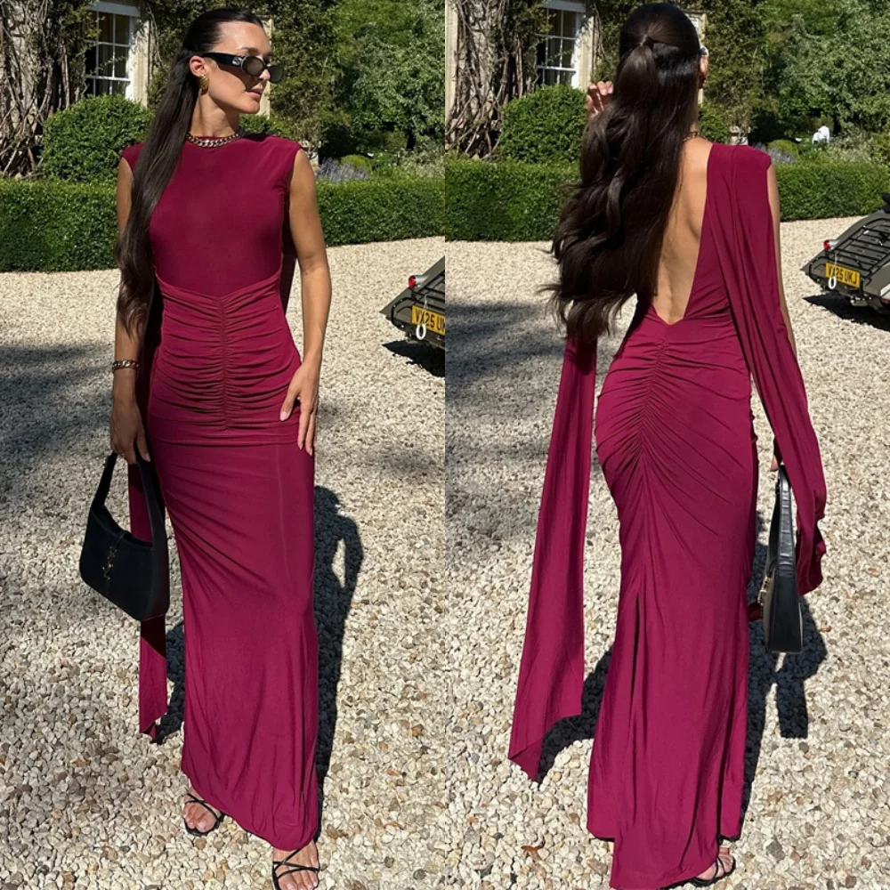 

Customized Classic Burgundy Jersey Celebrity Gowns Elegant O-Neck Homecoming Dresses Exquisite Backless Open Back Evening Dress