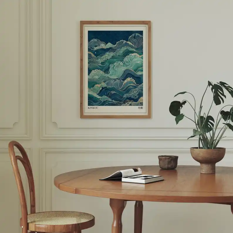 المريمية الأخضر والأزرق موجات الفن Japandi، طباعة الفن Japandi، Wabi Sabi جدار الفن، الفن الياباني، فن جدار قابل للطباعة