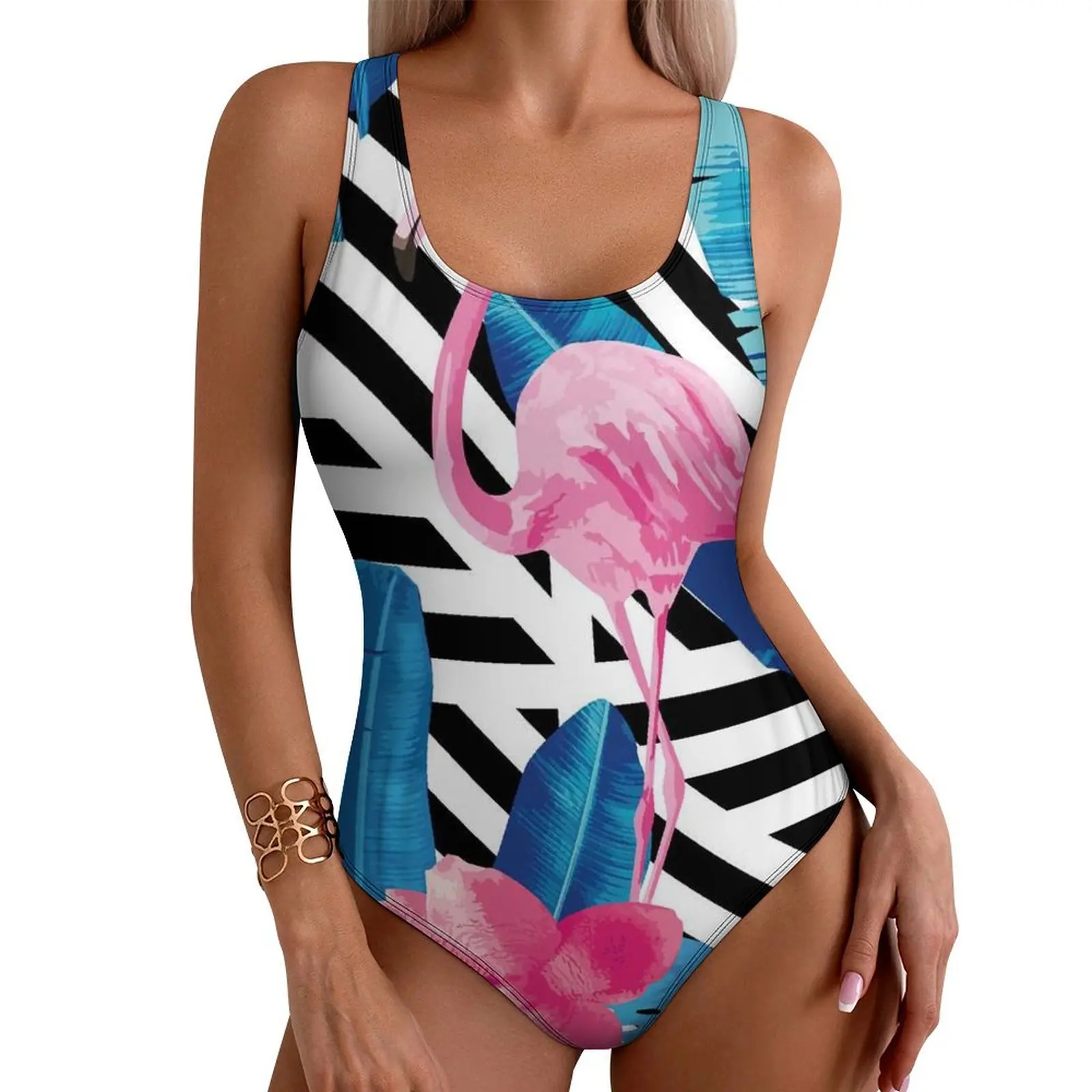 

Купальник с изображением фламинго, сексуальный женский купальник в полоску и с принтом листьев, цельный стильный боди, пляжный купальный костюм без рукавов с эффектом пуш-ап