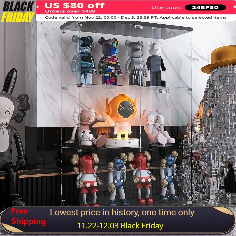 

49 X 31.7 X 14.3 in Display Cabinet with Double Door, 5mm Tempered Glass Floor Standing Bookshelf, 3-Shelf Display Cabinet