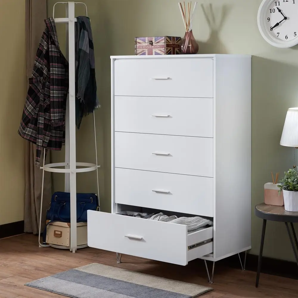 5 Drawer Cabinet Dresser Chest Wardrobe in White/Walnut with Metal Handles & Legs[US-W]