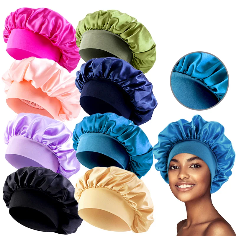 Nowa damska satynowa czapka do spania z szerokim rondem Unisex Head Wrap Elastic Band Cap Hair Care Bonnet Night Hat bonnet de nuit