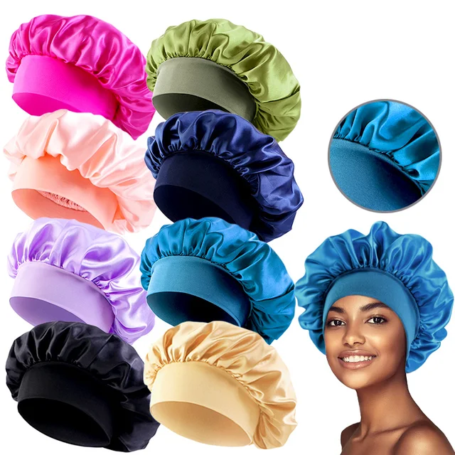 Nowa damska satynowa czapka do spania z szerokim rondem Unisex Head Wrap Elastic Band Cap Hair Care Bonnet Night Hat bonnet de nuit