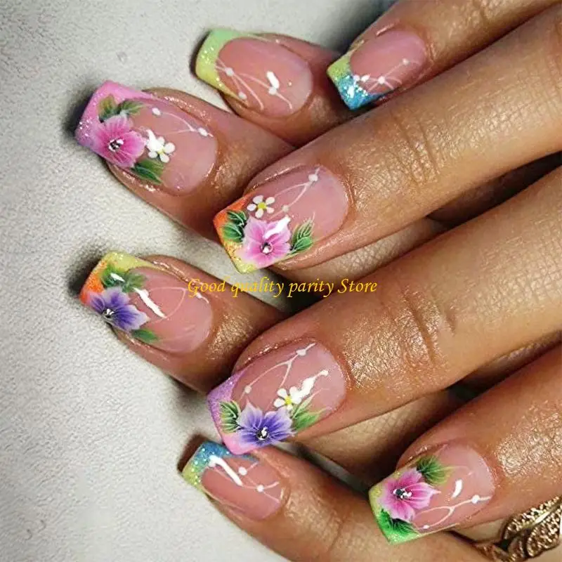 

M4YA Short Square Press on French Tip Fake Glues on Flower False