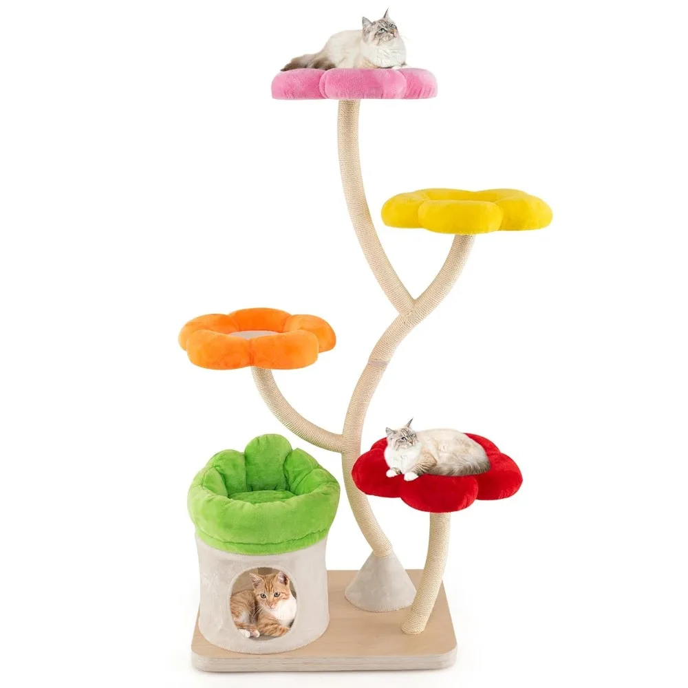 

Cat Tree Tower, 65 Inch Tall Cat Tower with Sisal Scratching Posts, Flower-Shaped Platforms, Padded Cat Condo, Customized
